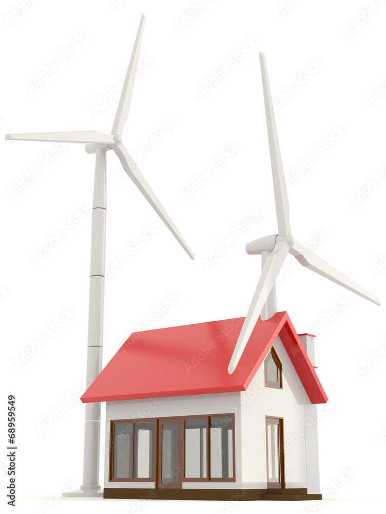 3D wind turbine providing clean energy for a little house with w 3D wind turbine providing clean energy for a little house with w