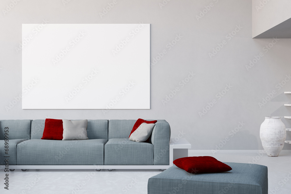 Weiße Leinwand an Wand im Wohnzimmer Stock Photo | Adobe Stock