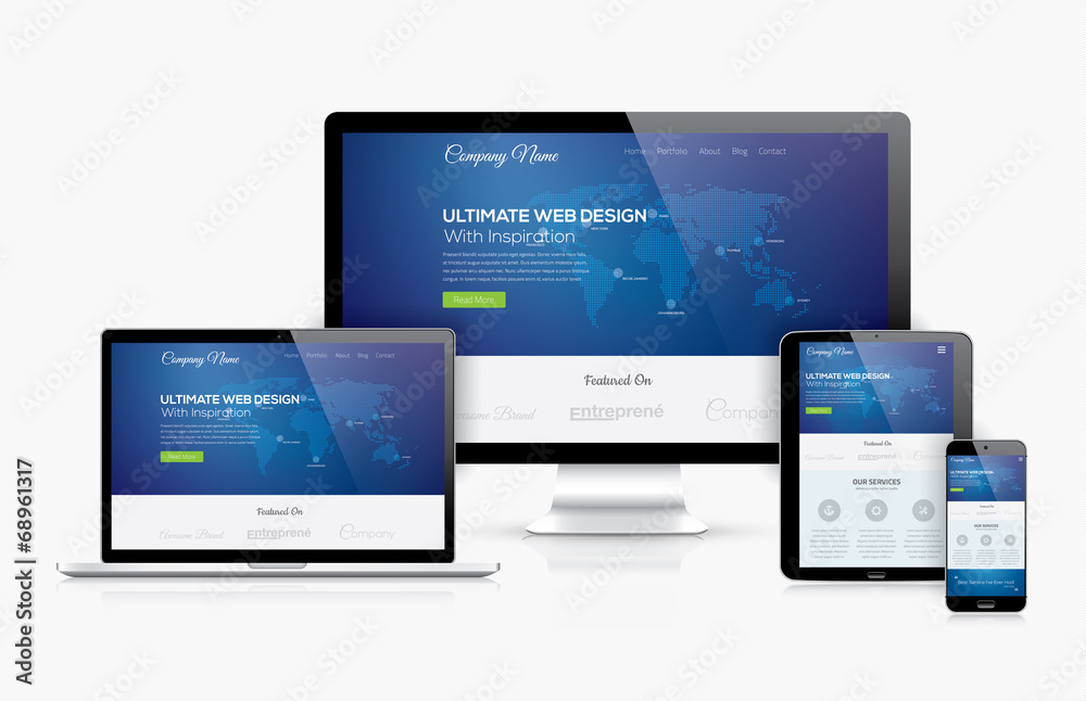 Responsive web design template realistic vector devices concept - obrazy, fototapety, plakaty 