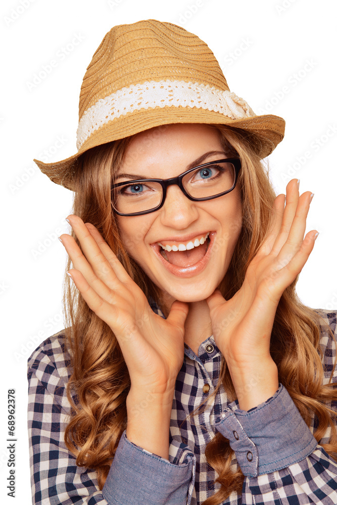 Portrait of a surprised young model in a hat and glasses with mo Portrait of a surprised young model in a hat and glasses with mo
