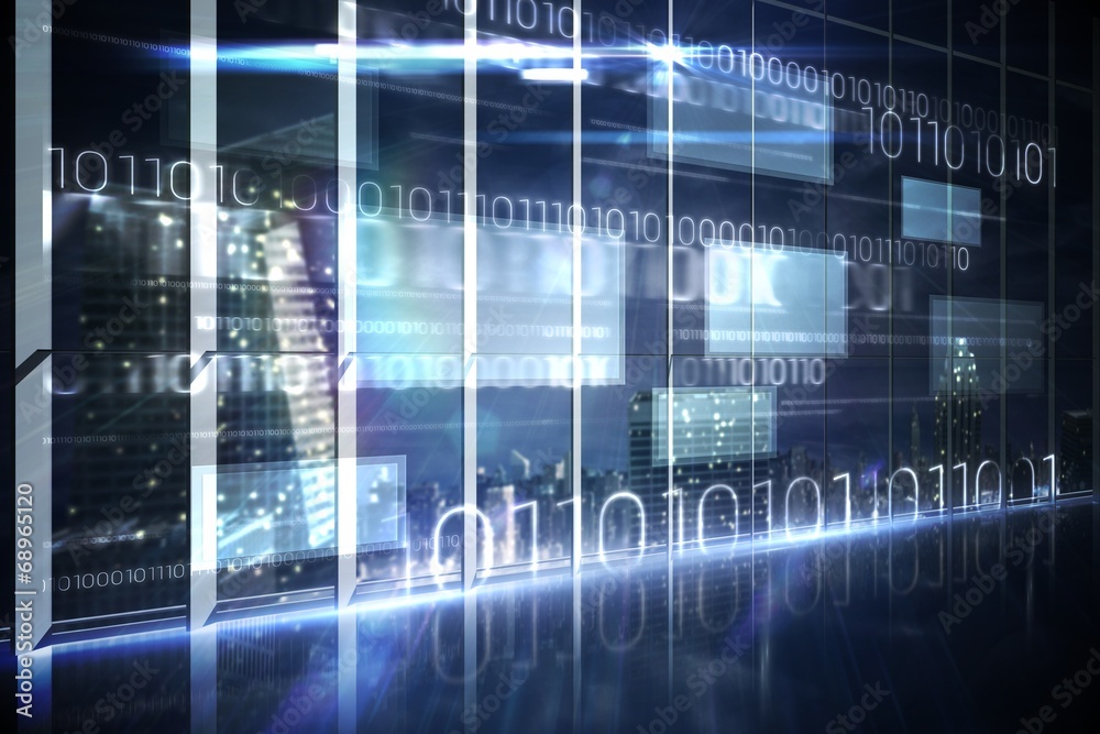 Hologram interface in office overlooking city Hologram interface in office overlooking city