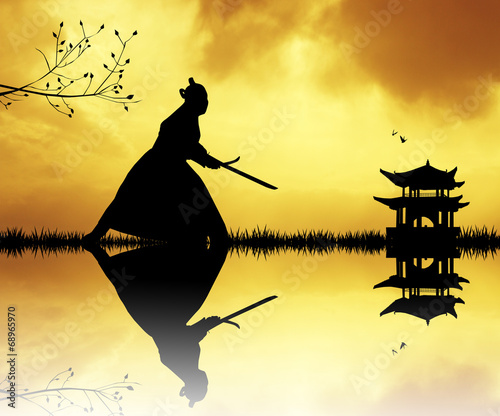 Fotografie, Obraz Samurai silhouette at sunset