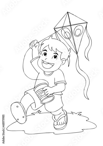 Outline illustration of a boy playing with kite