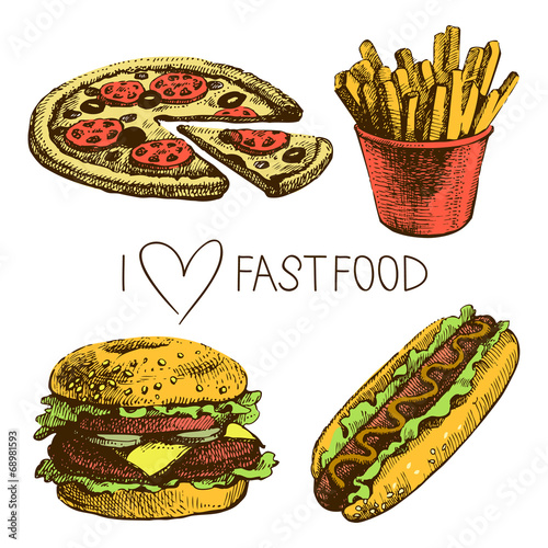 Fast food set. Hand drawn illustrations