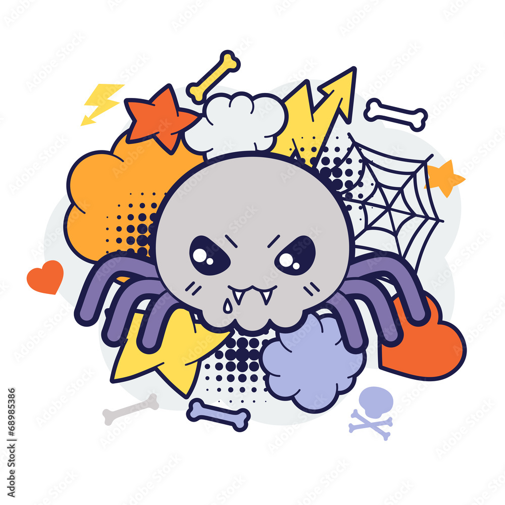 Naklejka premium Halloween kawaii print or card with cute doodle spider.