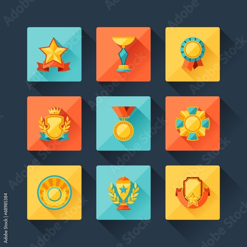 Trophy and awards icons set in flat design style.