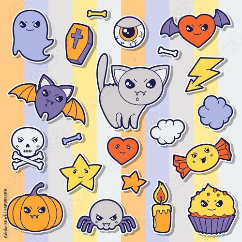 Set of halloween kawaii cute sticker doodles and objects.