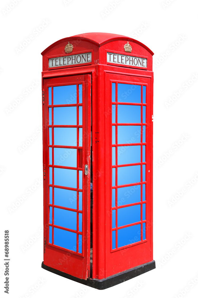 Classic British red phone booth in London UK, isolated on white Classic British red phone booth in London UK, isolated on white