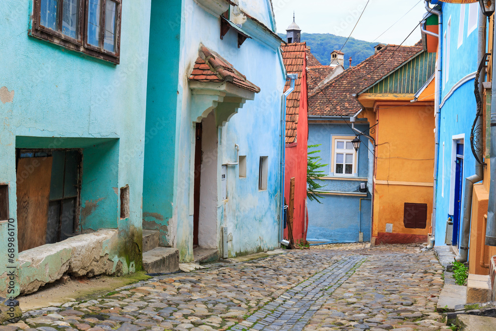 Medieval street view in Sighisoara founded by saxon colonists in