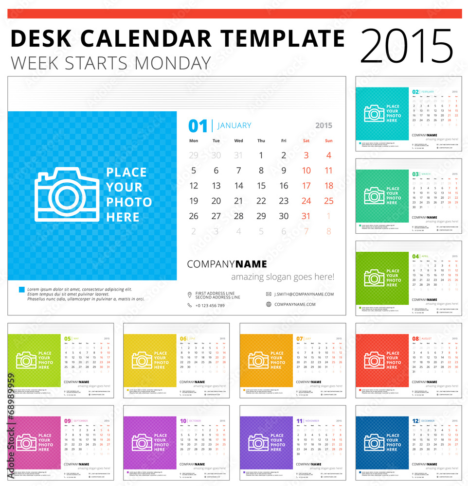 Desk calendar 2015 vector template week starts monday