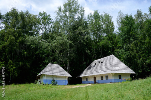 Traditional old rural Ukrainian wattle and daub houses in Pirogo