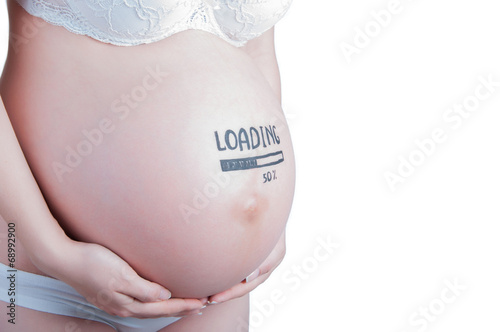 Pregnant belly with "loading 50 percent" sign isolated