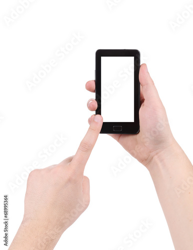 Hand touching screen of smartphone.