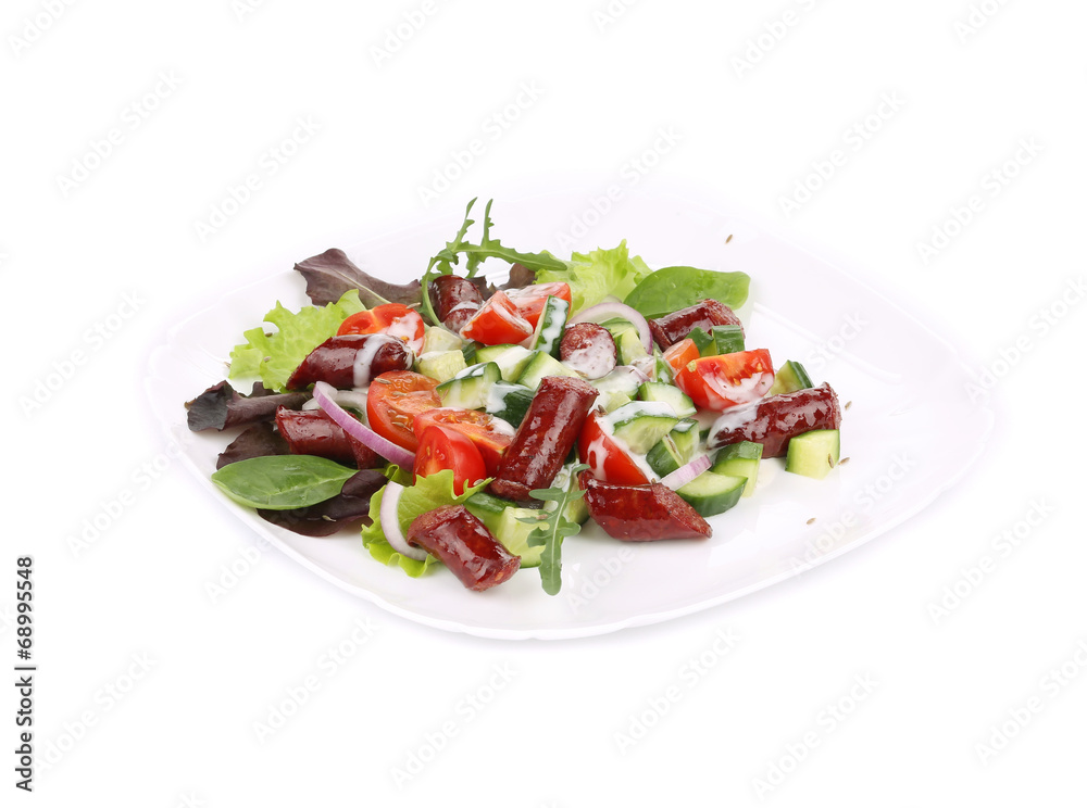 Salad with grilled sausages and arugula. Salad with grilled sausages and arugula.