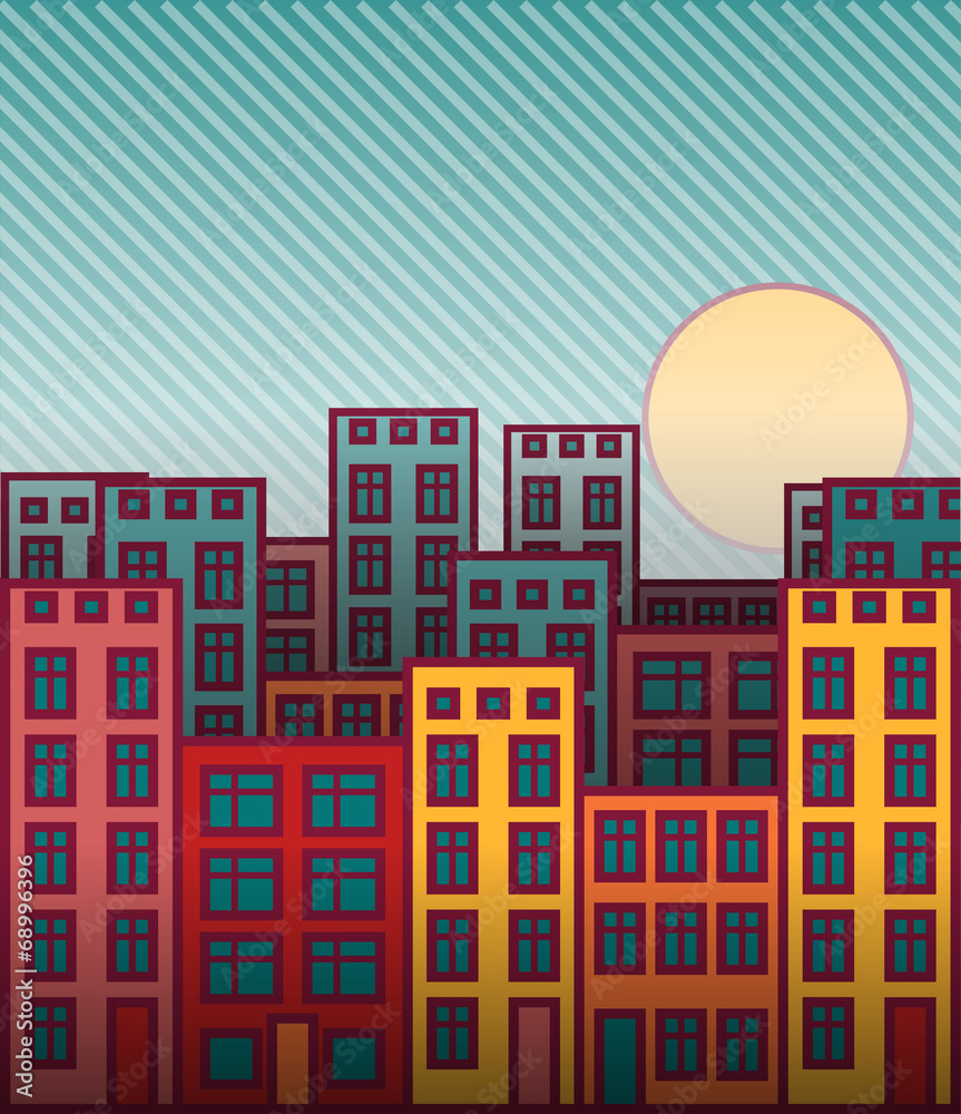 Cartoon cityscape sunset