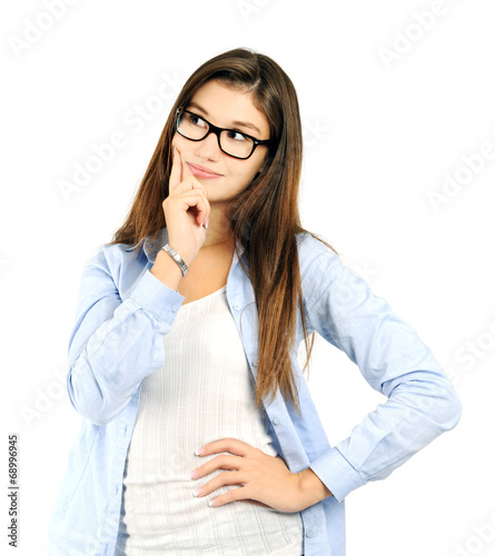 thinking cheerful girl photo