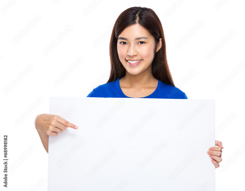 Woman finger point to the blank board Woman finger point to the blank board