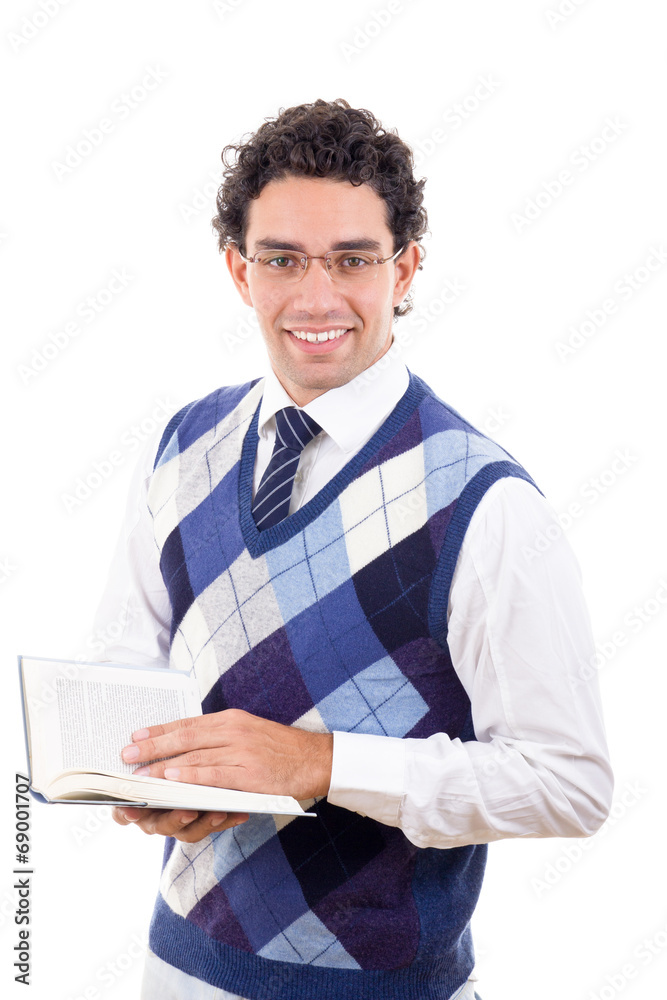 man in sweater holding an open book man in sweater holding an open book