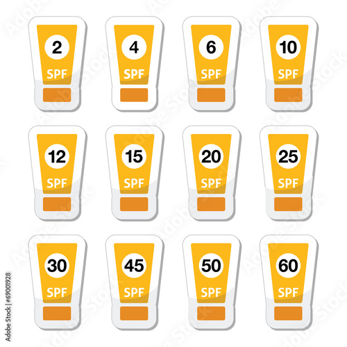 Sun cream, sunblock with factor or spv icons set photo