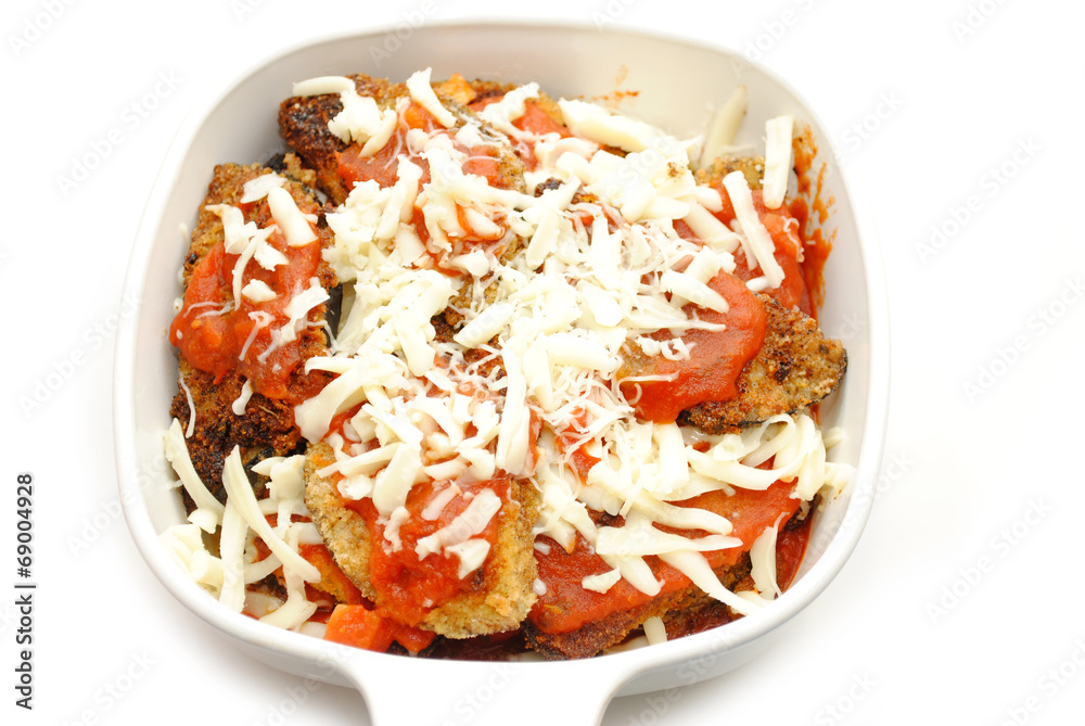Eggplant Parmesan in a White Casserole Dish