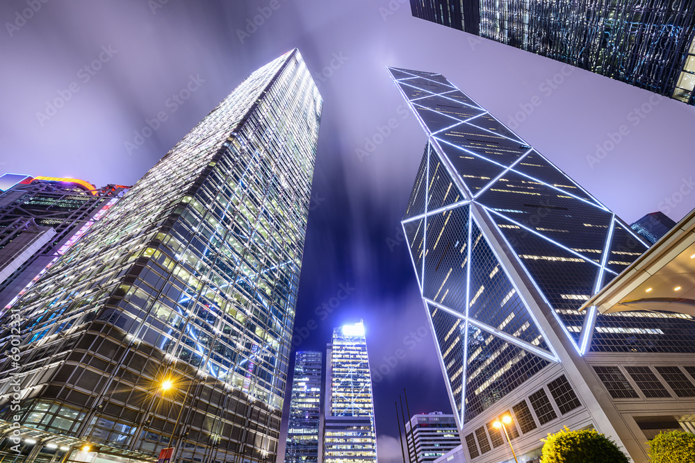 Naklejka premium Hong Kong, China Business District Skyscrapers