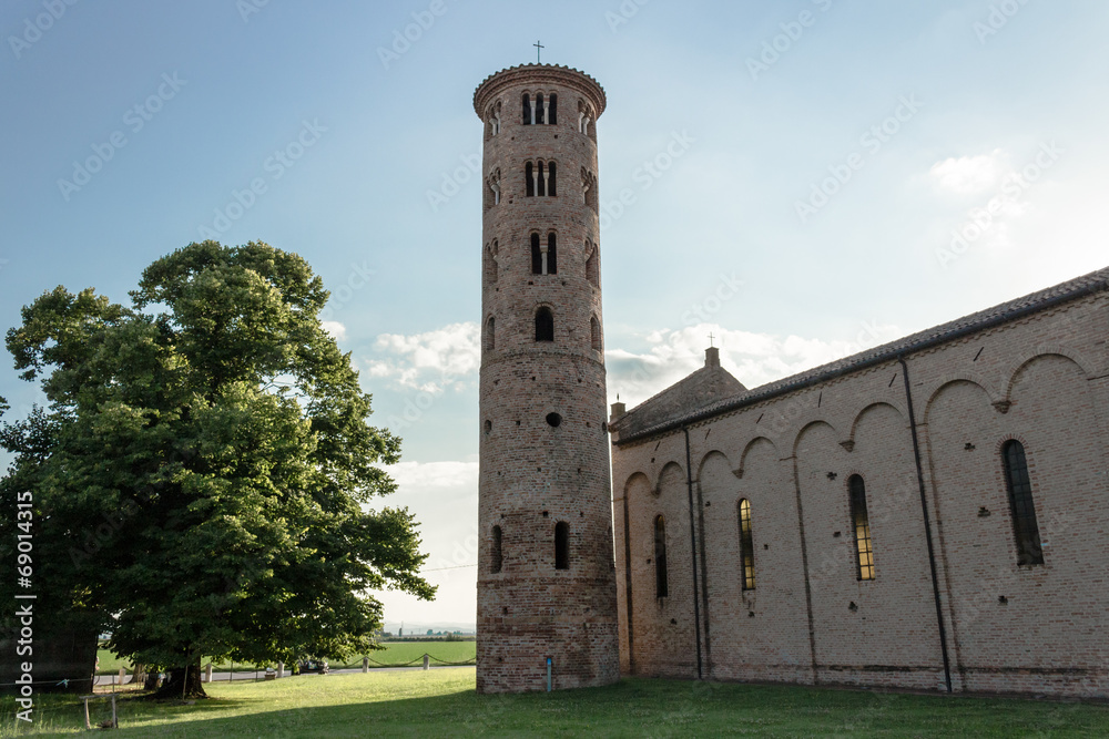 Romanesque cylindrical bell tower of countryside church