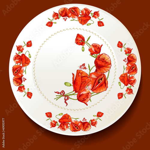 Fototapeta Naklejka Na Ścianę i Meble -  Beautiful bouquet of red poppy on a white plate
