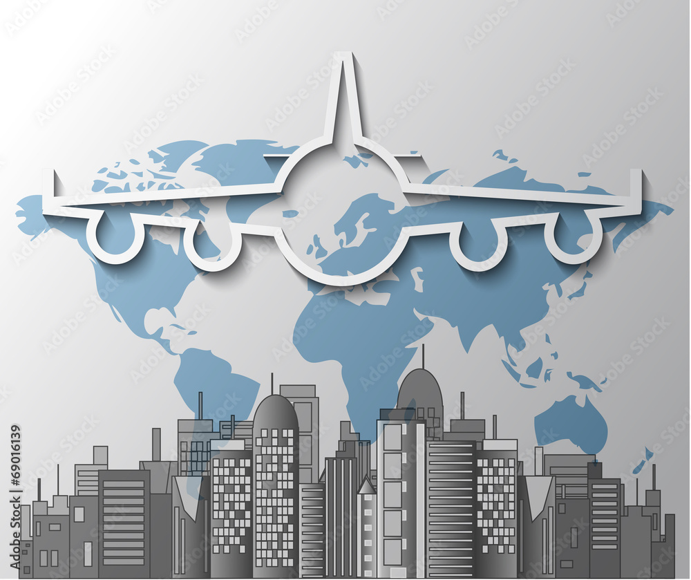 Illustration of airplane with city skyline on world map