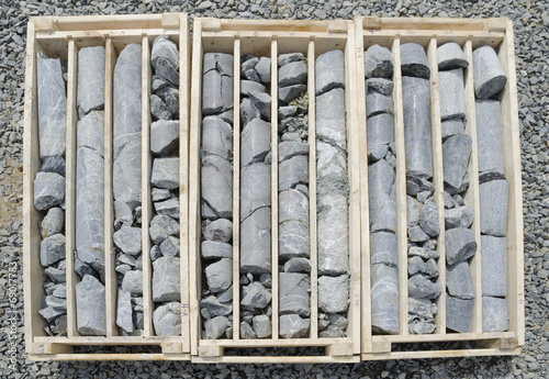 Detail of drill core in the boxes ready for logging
