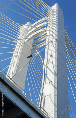 Suspension bridge pylons in Bucharest