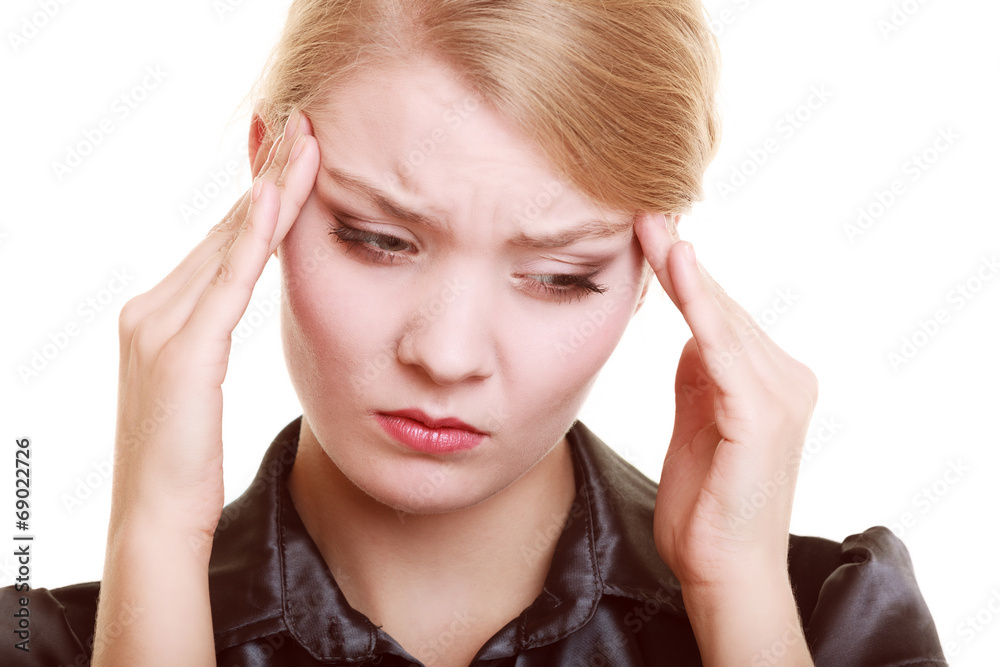 Headache. Woman suffering from head pain isolated. Headache. Woman suffering from head pain isolated.