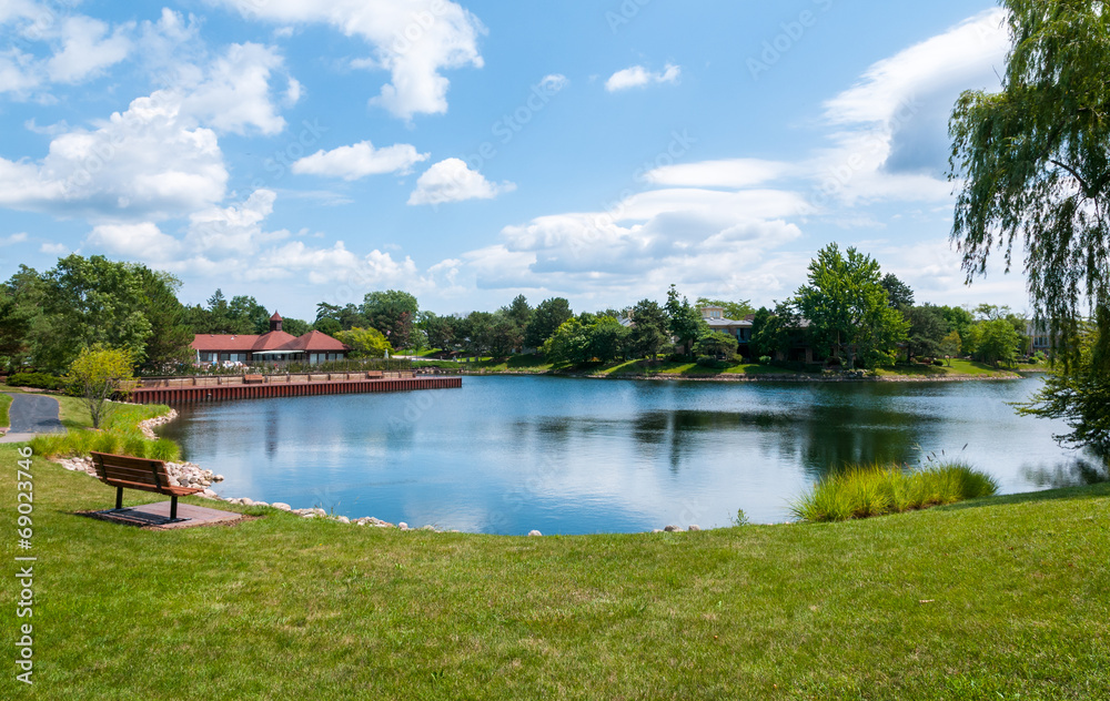 View of the lake in the subdivision of Northbrook, Illinois