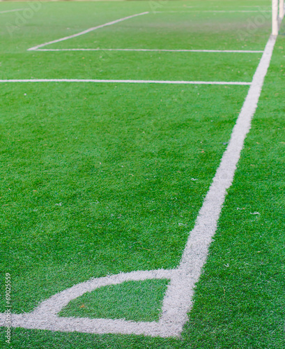 White stripe on the green soccer field from top view