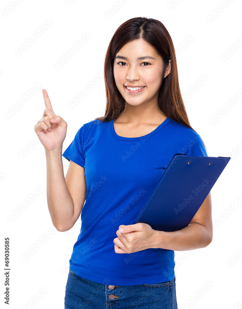Asian woman with clipboard and finger point up Asian woman with clipboard and finger point up