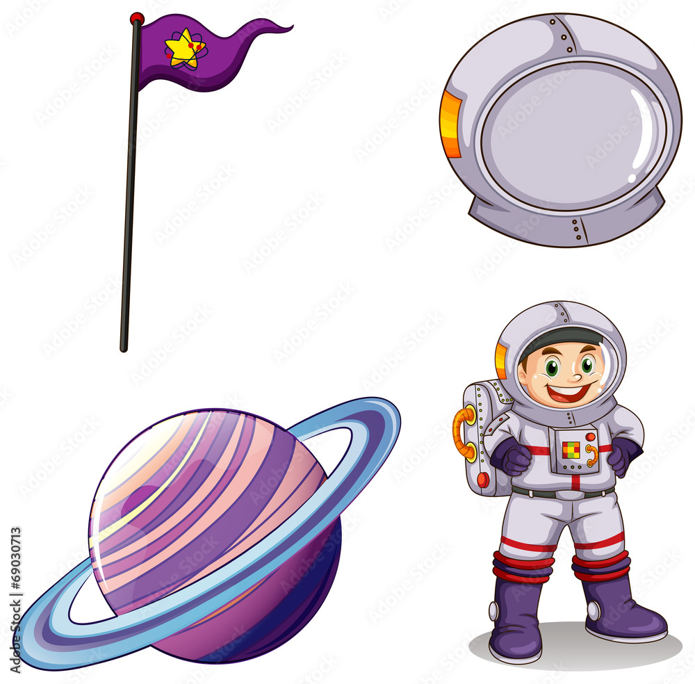 Obraz premium An astronaut, a planet, a banner and a helmet