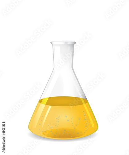 Conical flask with chemical colored solution and bubbles