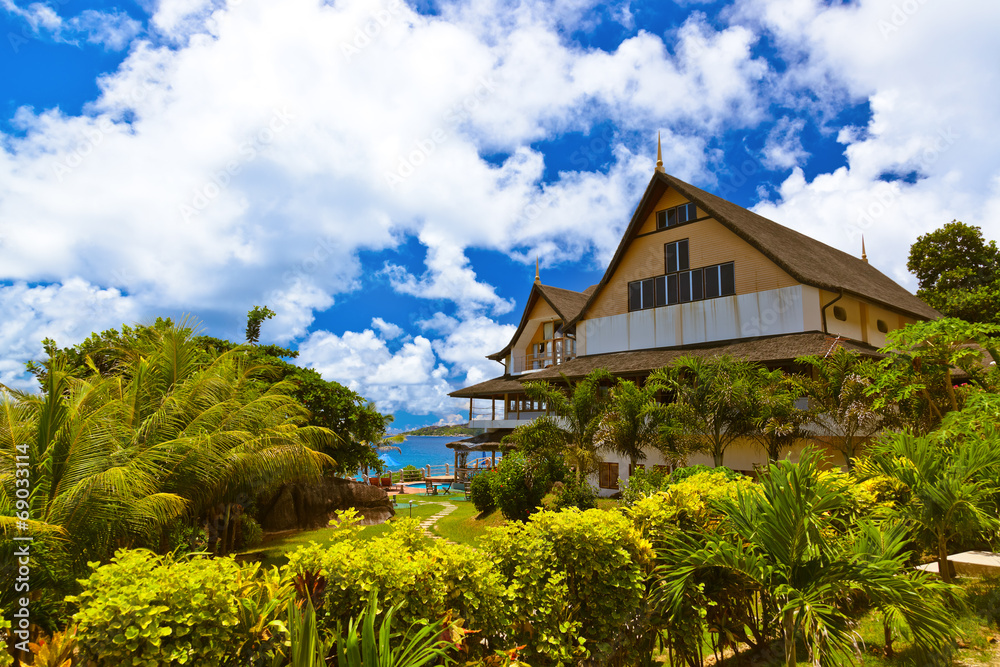 Hotel on tropical beach at Seychelles