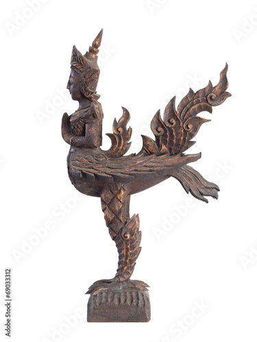 Kinnaree wood carving : half-bird half-woman photo