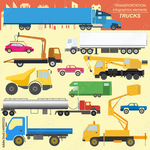 Set of elements cargo transportation: trucks, lorry for creating