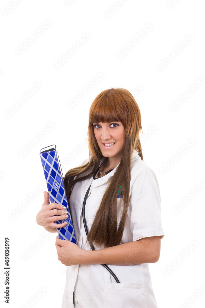 young smiling female medical practitioner in white uniform young smiling female medical practitioner in white uniform
