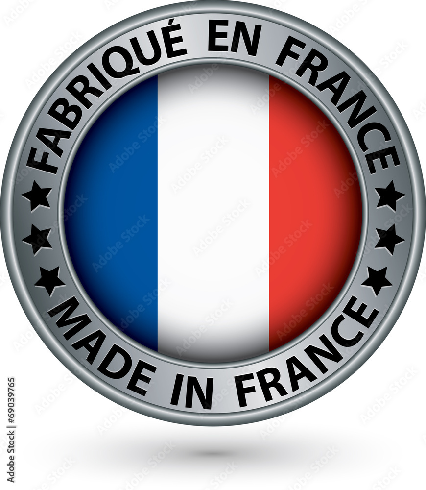 Made in France silver label with flag, vector illustration