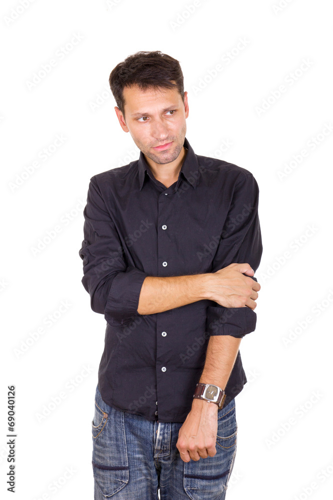 Fototapeta premium troubled sad man standing lonely with hand on elbow