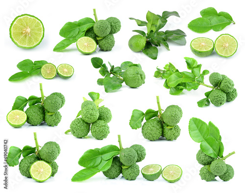 collection Fresh kaffir lime with leaf isolated on white backgro