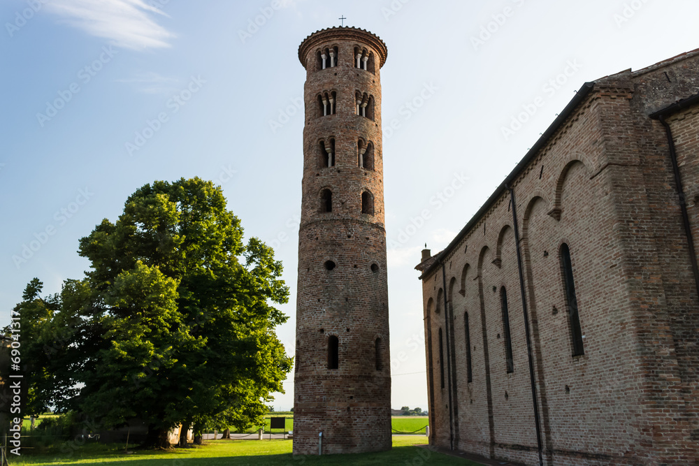 Romanesque cylindrical bell tower of countryside church