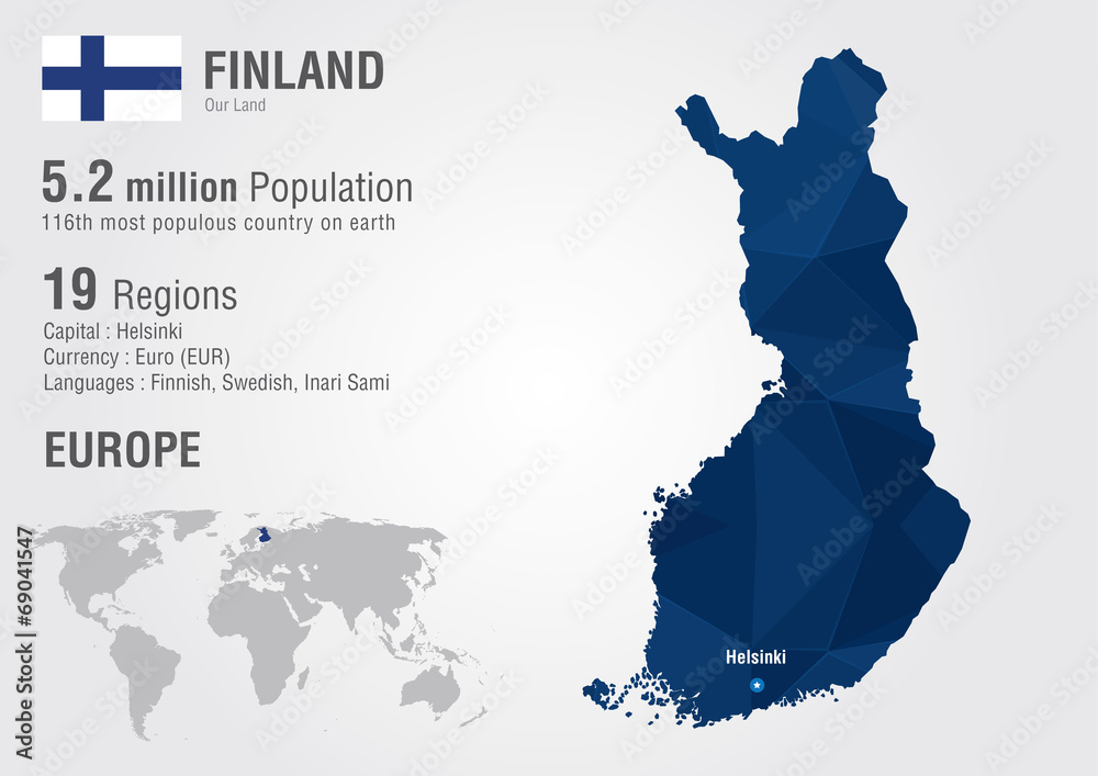 Fotografie, Obraz Finland world map with a pixel diamond texture., Plakáty, obrazy