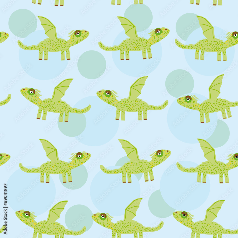 Fototapeta premium Seamless pattern with funny cute dragon on a blue background. Ve