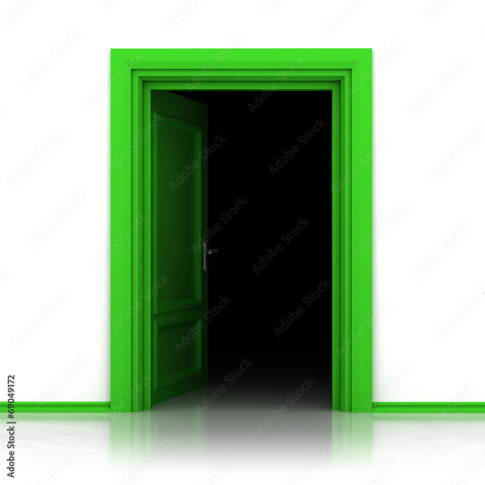 isolated single green opened door in closeup 3D isolated single green opened door in closeup 3D