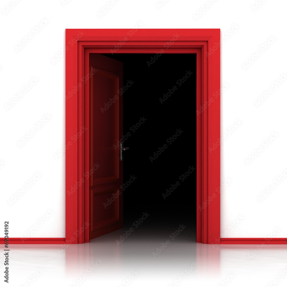 isolated single red opened door in closeup 3D isolated single red opened door in closeup 3D