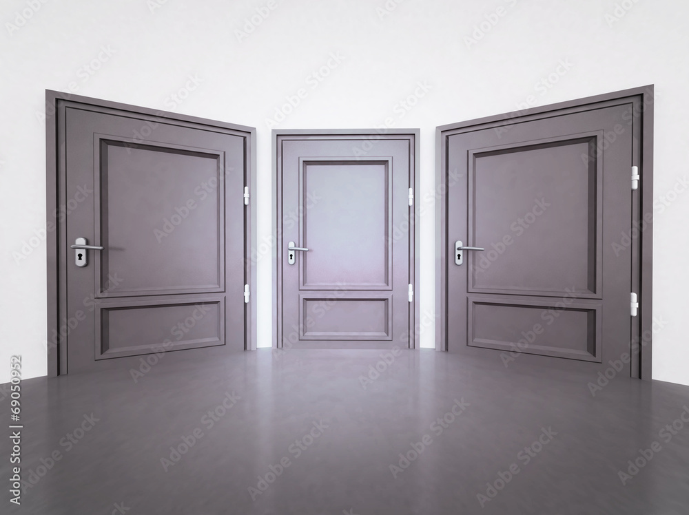 interior with three closed doors in 3D interior with three closed doors in 3D