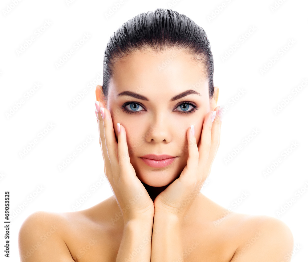 Young female with fresh clear skin, white background Young female with fresh clear skin, white background